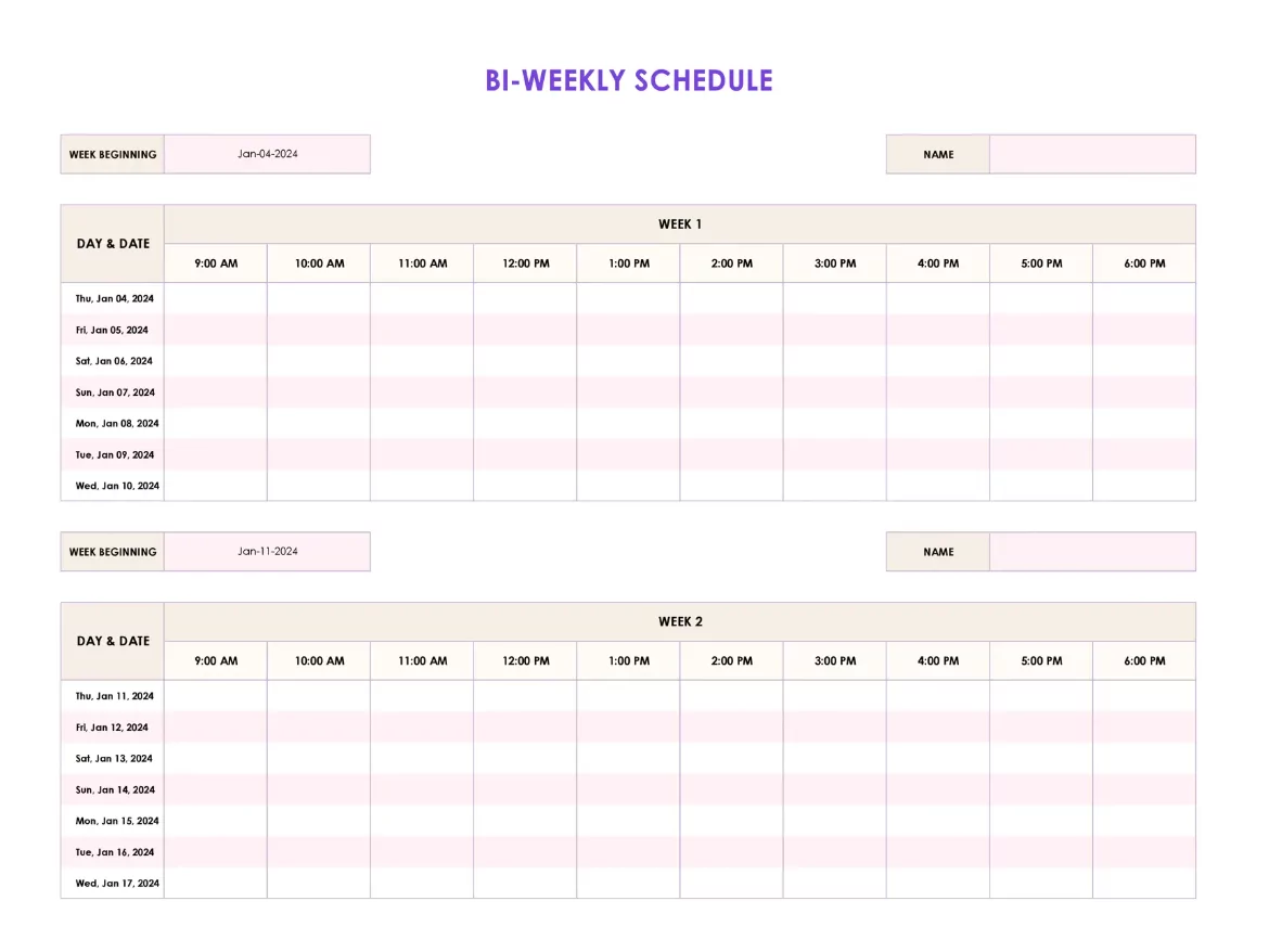every 4 weeks calendar