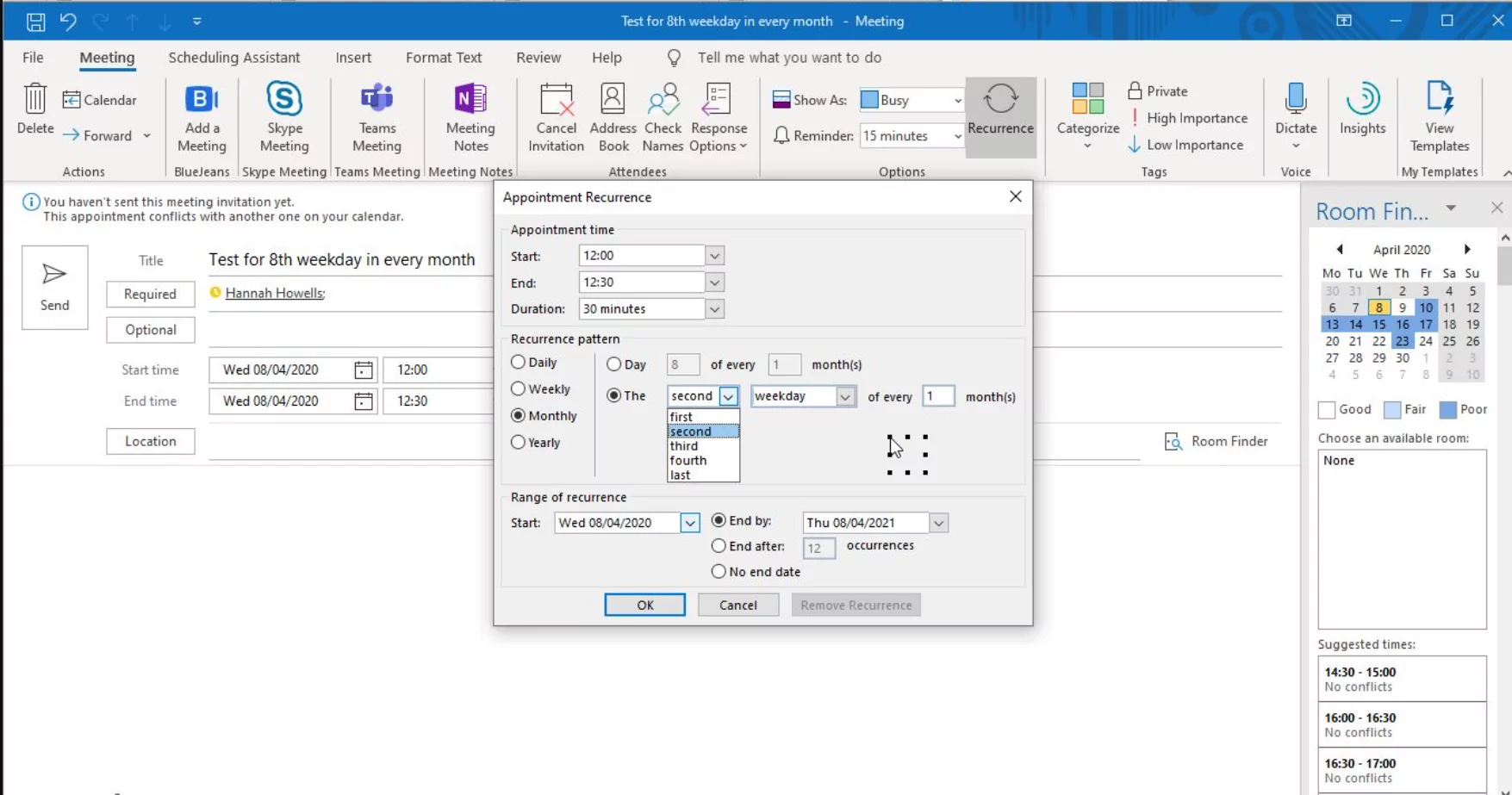 outlook recurring monthly meeting weekdays only