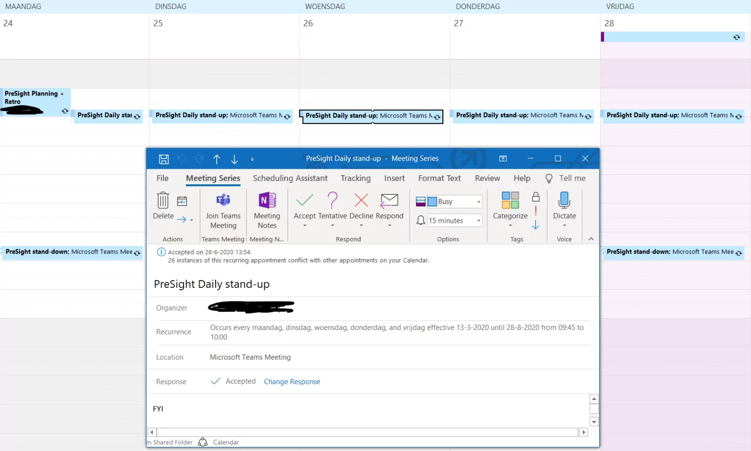 outlook recurring monthly meeting weekdays only