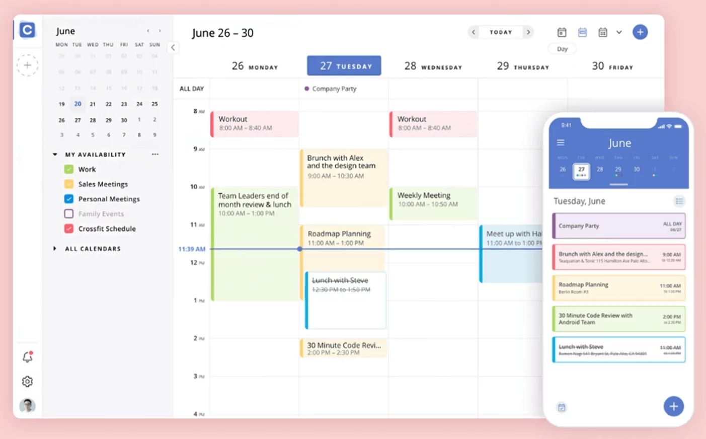 Dashboard of a calendar app showing side by side meeting notes and schedule