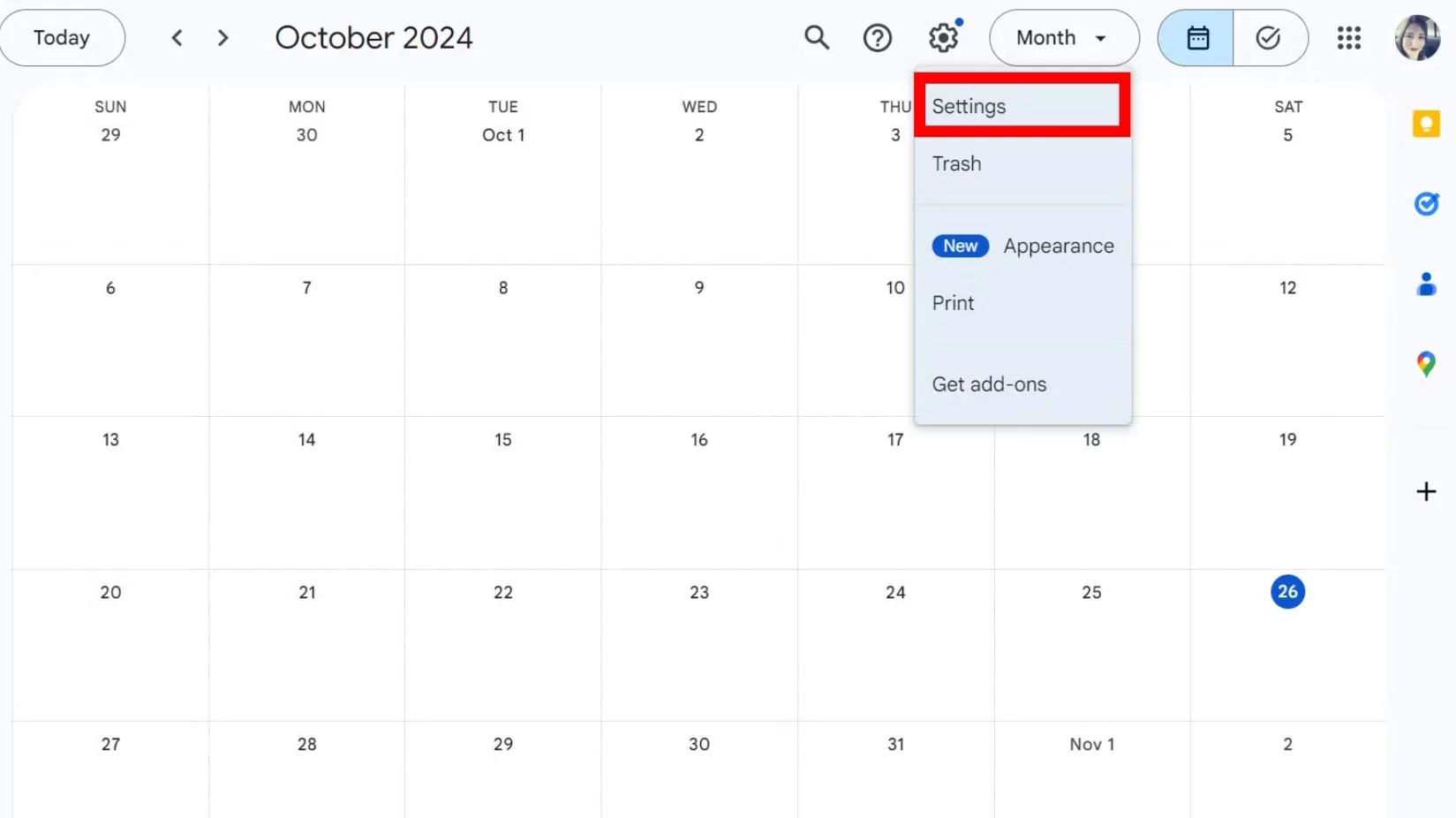Screenshot of Google Calendar settings menu highlighting the 'Trash' option