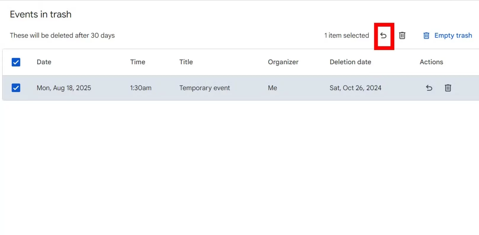 User restoring a deleted event with the curved arrow icon