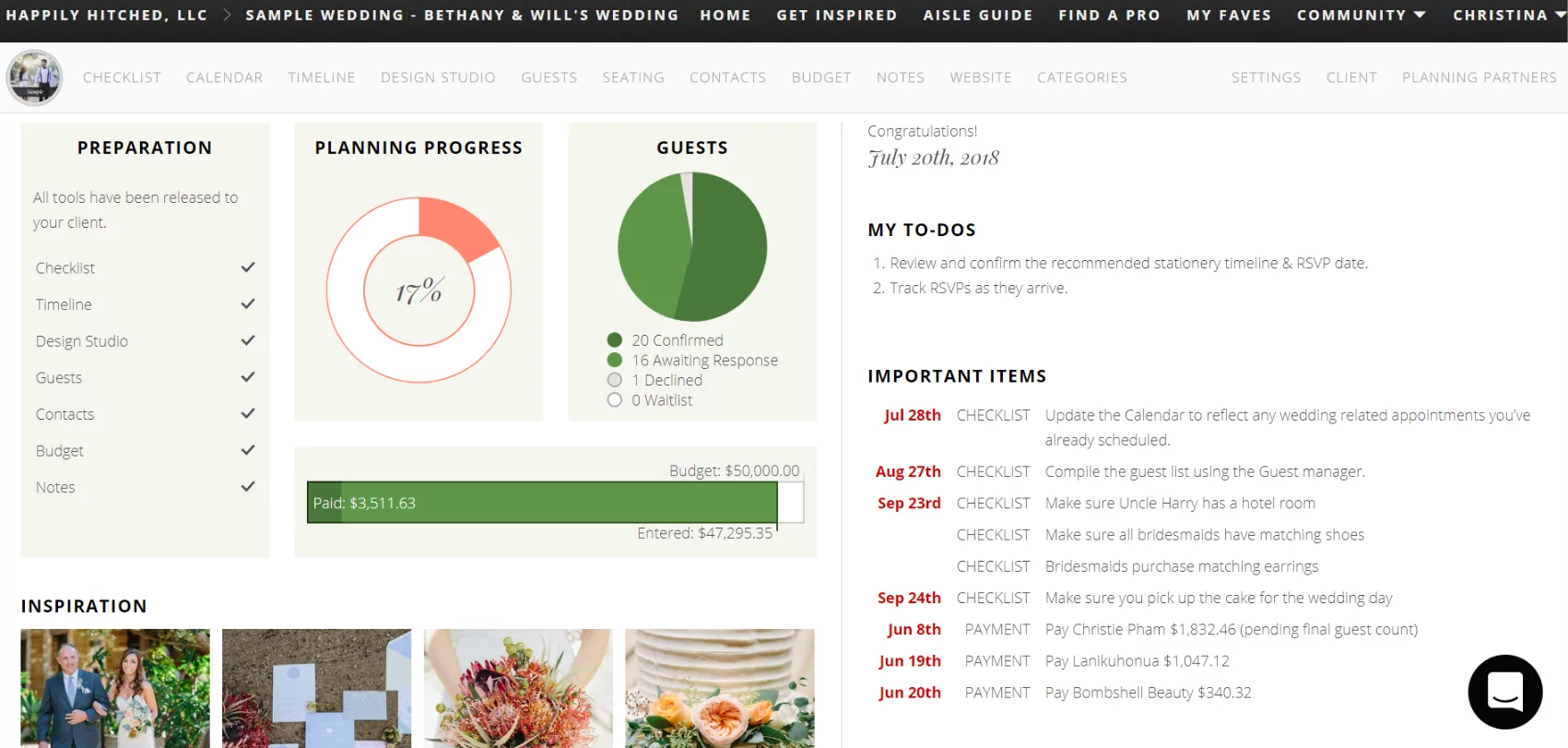 Aisle planner wedding management app dashboard vendor calendar integration