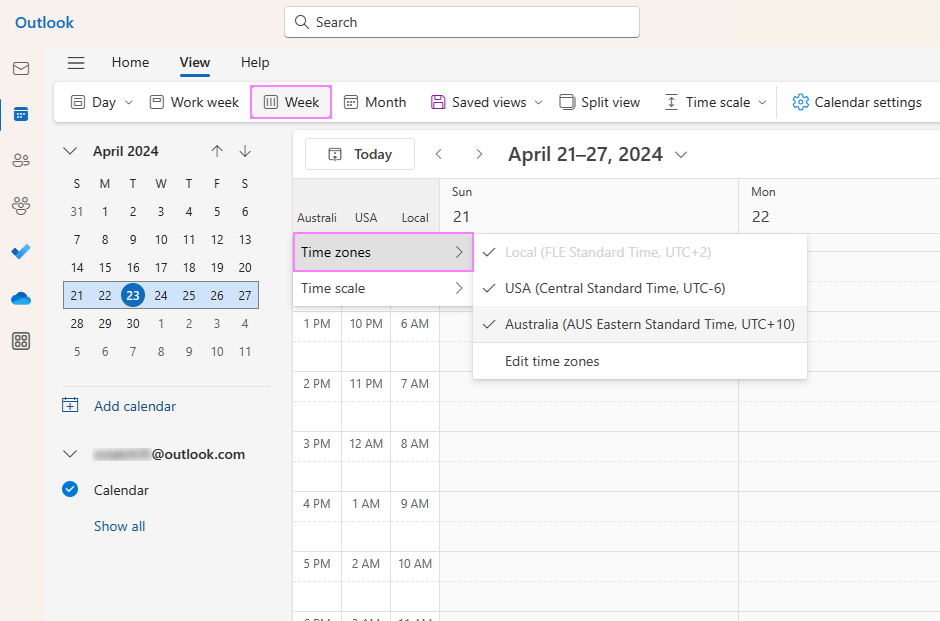change calendario viewing for difference times zone multiple time zone displays