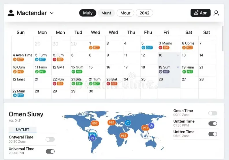 digital calendar showing multiple time zones scheduling interface